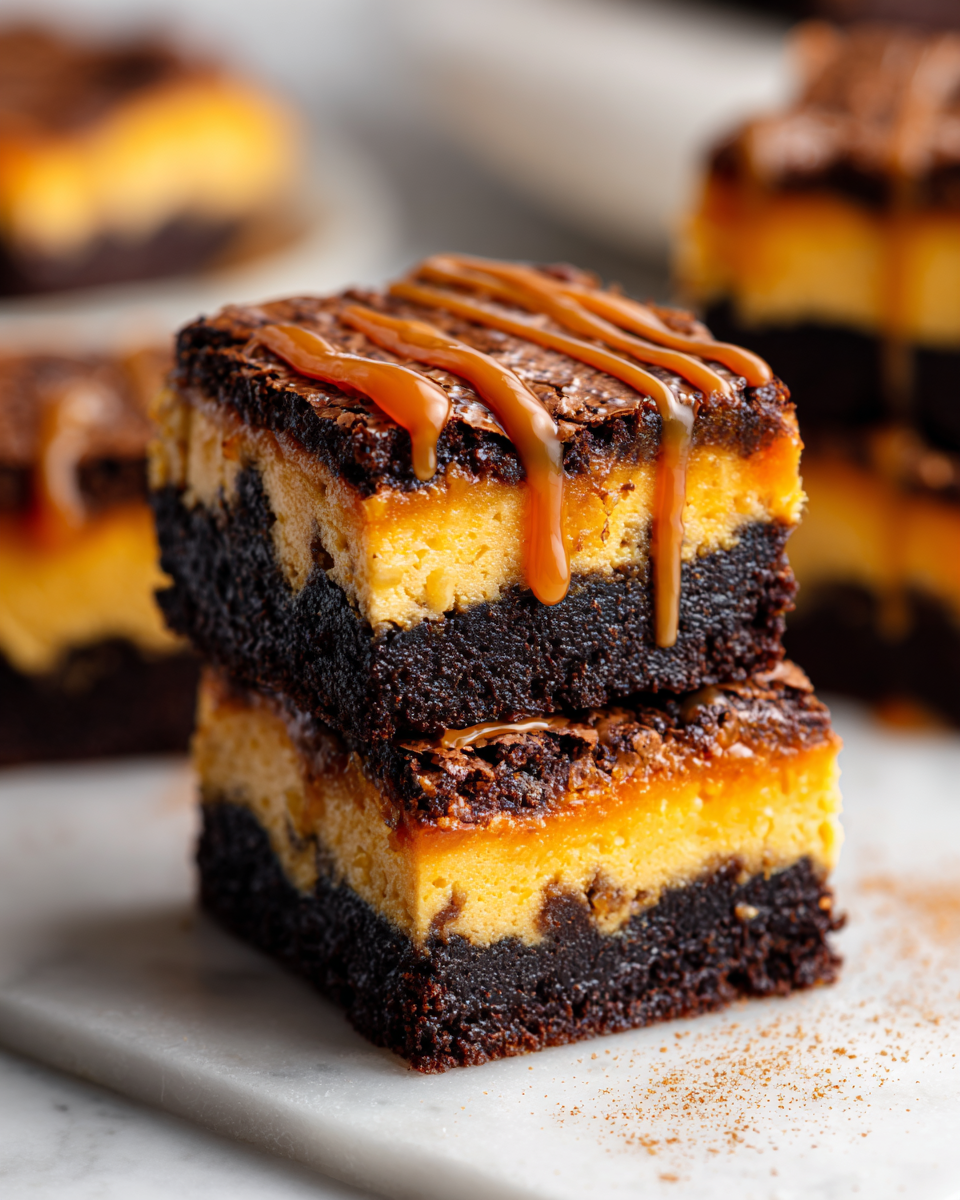 Pumpkin cheesecake brownies with chocolate and pumpkin layers, perfect for fall desserts