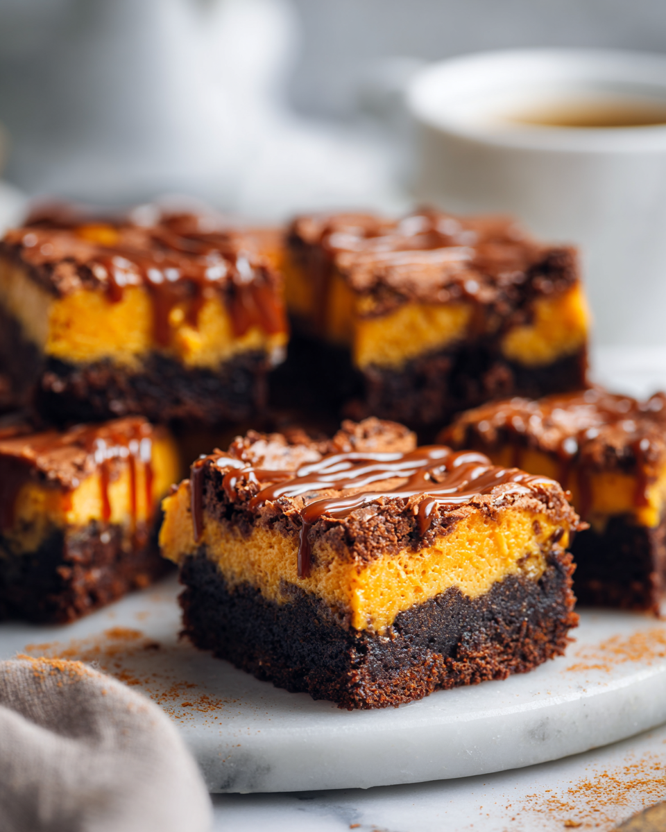 Pumpkin cheesecake brownies with chocolate and pumpkin layers, perfect for fall desserts