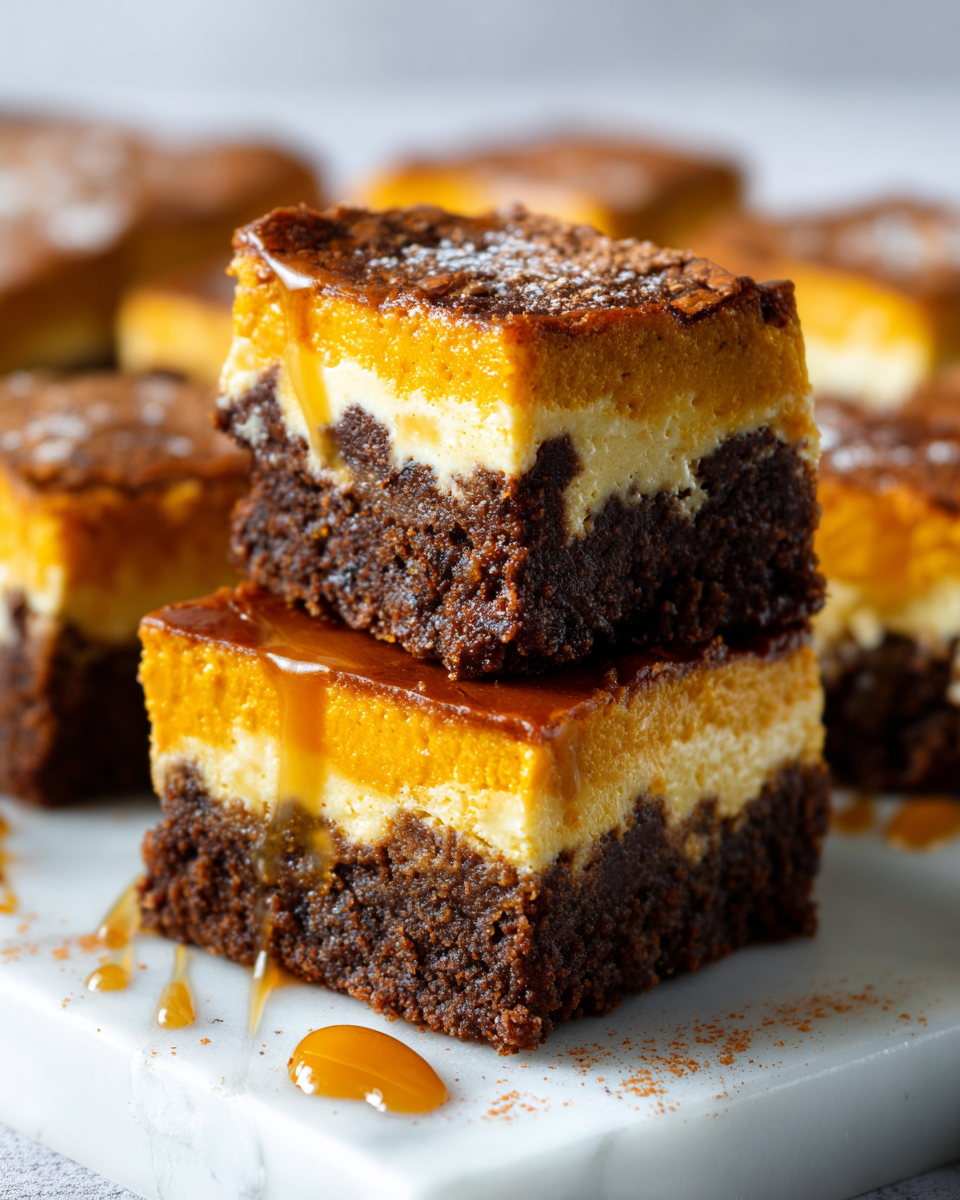 Pumpkin cheesecake brownies with chocolate and pumpkin layers, perfect for fall desserts
