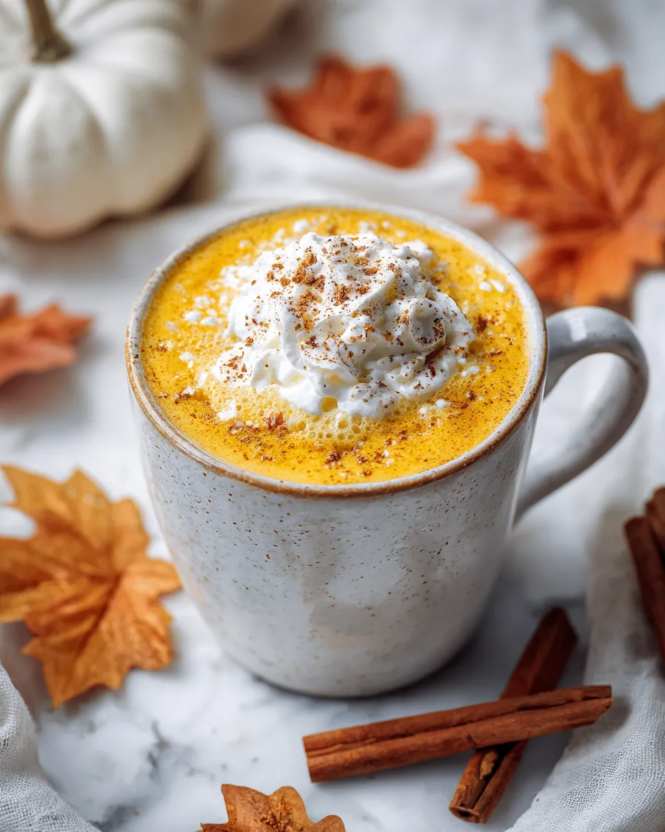 Creamy pumpkin pie white hot chocolate topped with whipped cream and a sprinkle of autumn spices, perfect fall beverage.