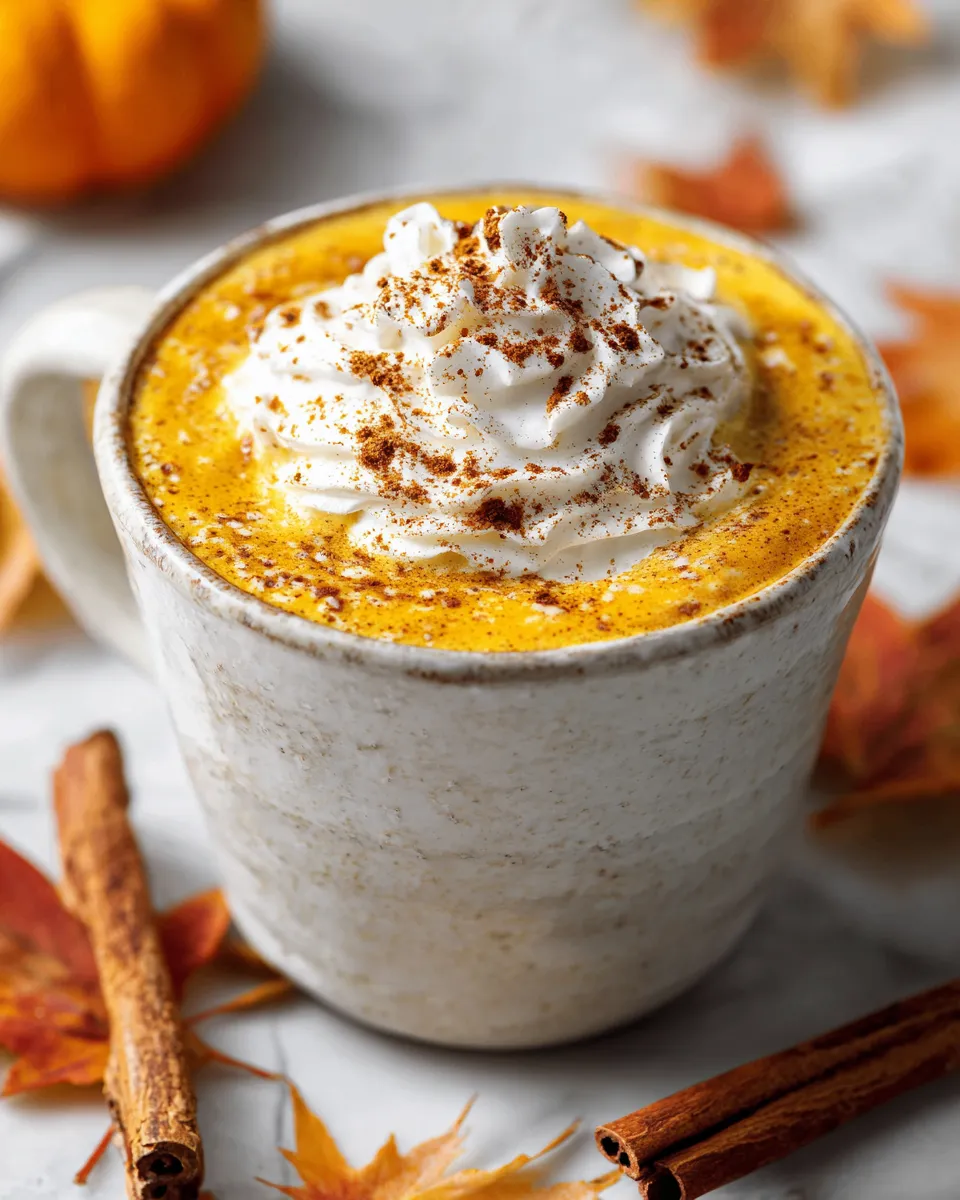 Creamy pumpkin pie white hot chocolate topped with whipped cream and a sprinkle of autumn spices, perfect fall beverage.