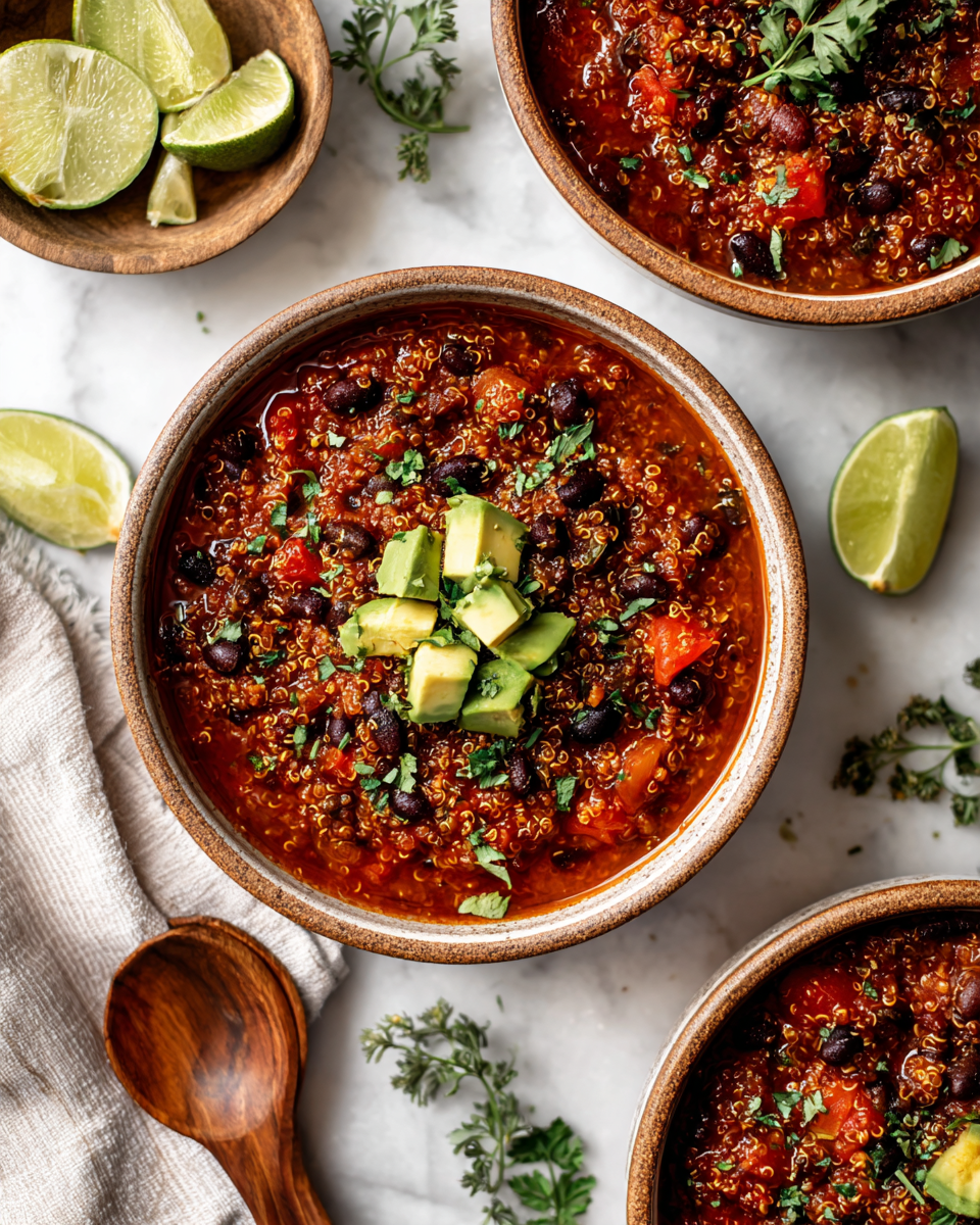Comforting Quinoa and Black Bean Chili with spices, loaded with nutrition, perfect for festive gatherings and cold days.
