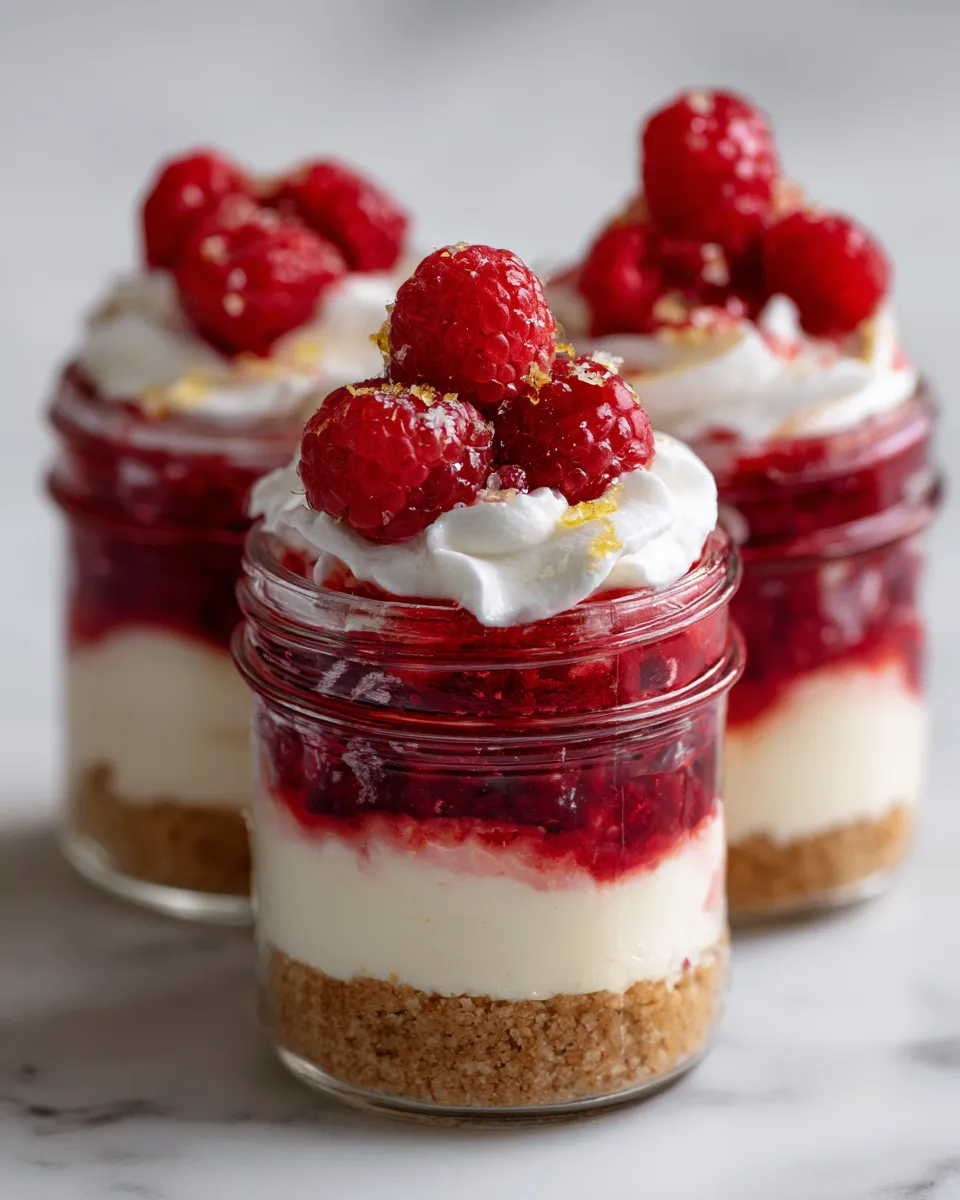 No-bake Raspberry Lemonade Cheesecake Parfaits with layered cream cheese, fresh raspberries, and graham cracker crust, a vibrant and easy dessert.