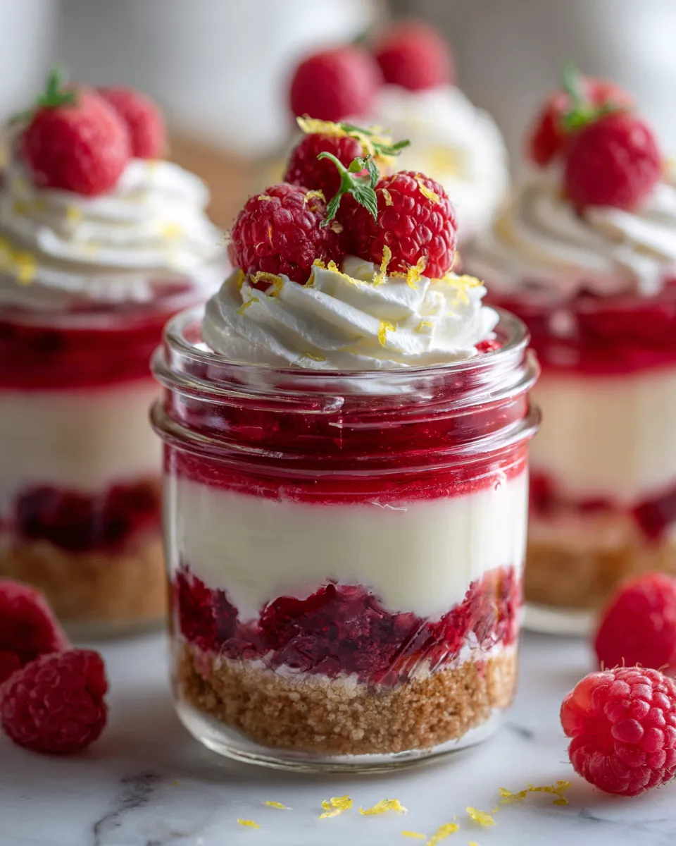 No-bake Raspberry Lemonade Cheesecake Parfaits with layered cream cheese, fresh raspberries, and graham cracker crust, a vibrant and easy dessert.
