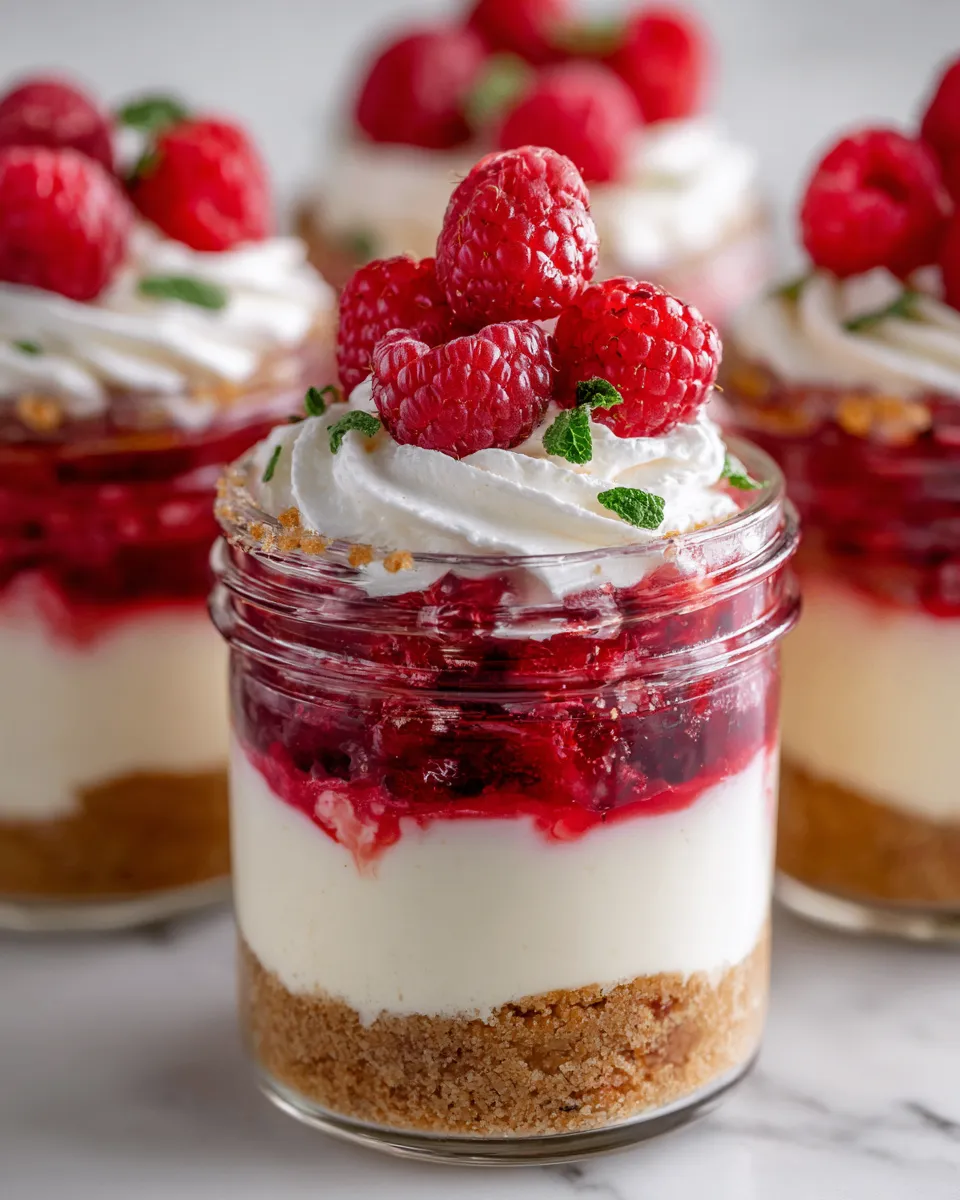 No-bake Raspberry Lemonade Cheesecake Parfaits with layered cream cheese, fresh raspberries, and graham cracker crust, a vibrant and easy dessert.