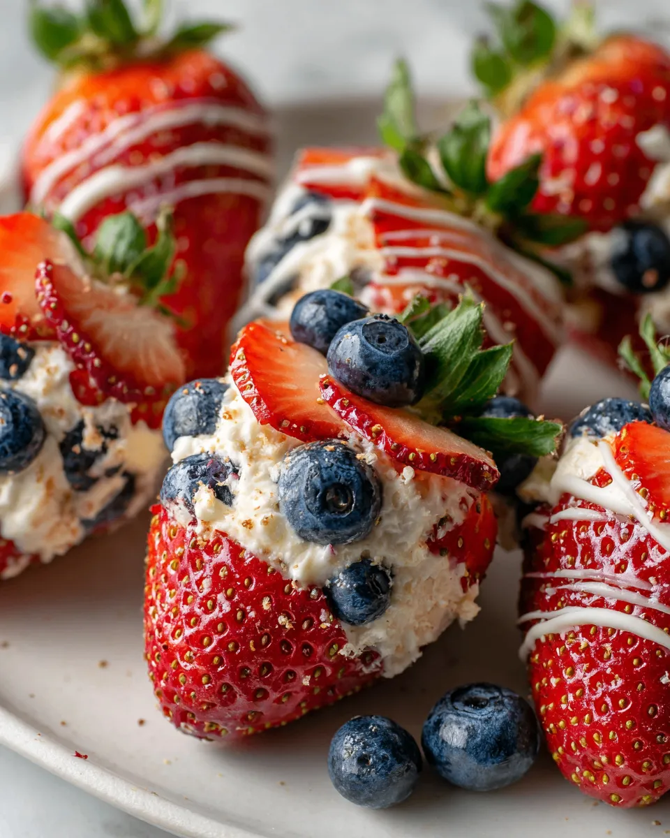 Festive red white blue stuffed strawberries with cream cheese filling, festive dessert for holidays