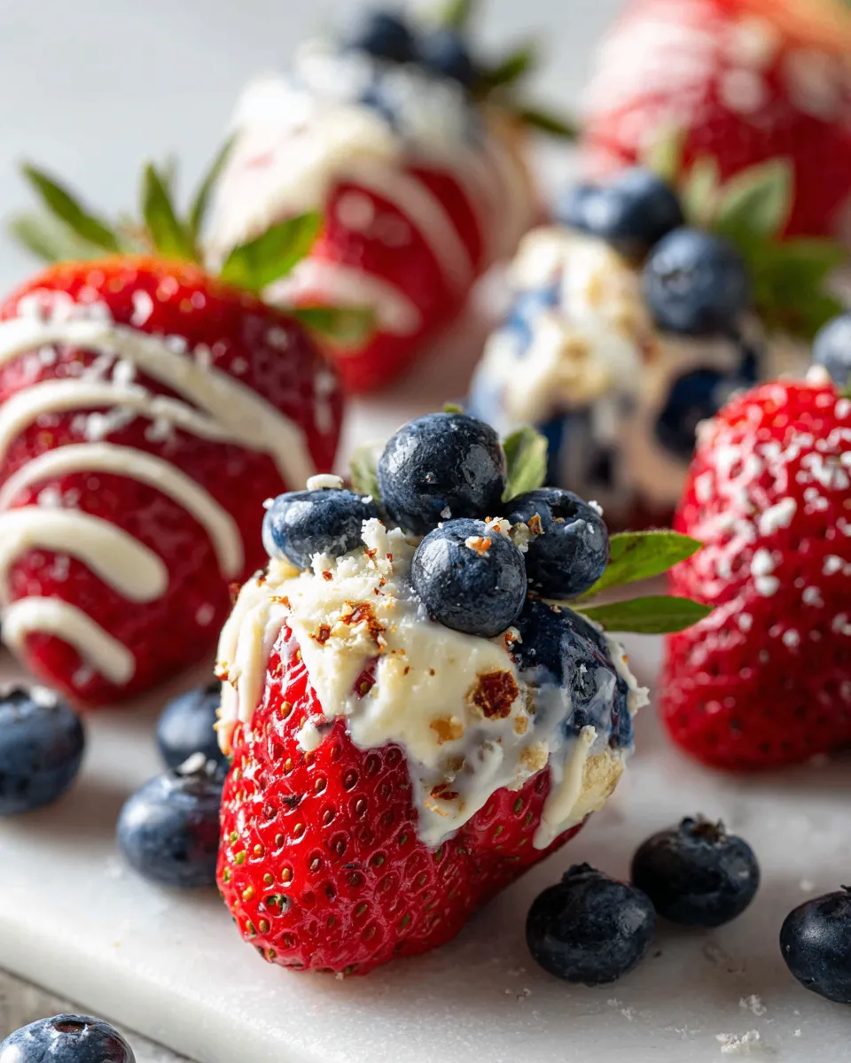 Festive red white blue stuffed strawberries with cream cheese filling, festive dessert for holidays
