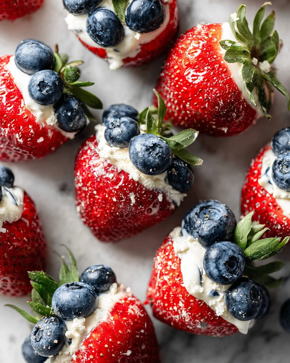 Festive red white blue stuffed strawberries with cream cheese filling, festive dessert for holidays