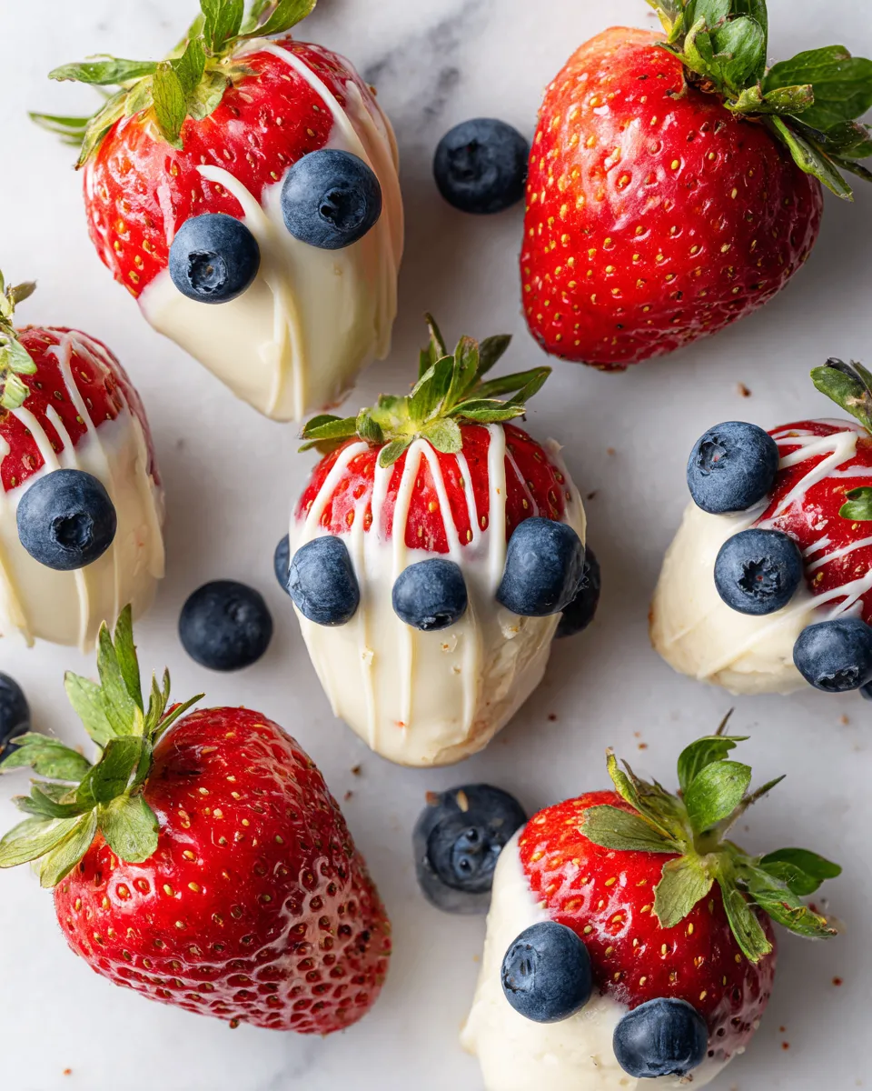 Festive red white blue stuffed strawberries with cream cheese filling, festive dessert for holidays