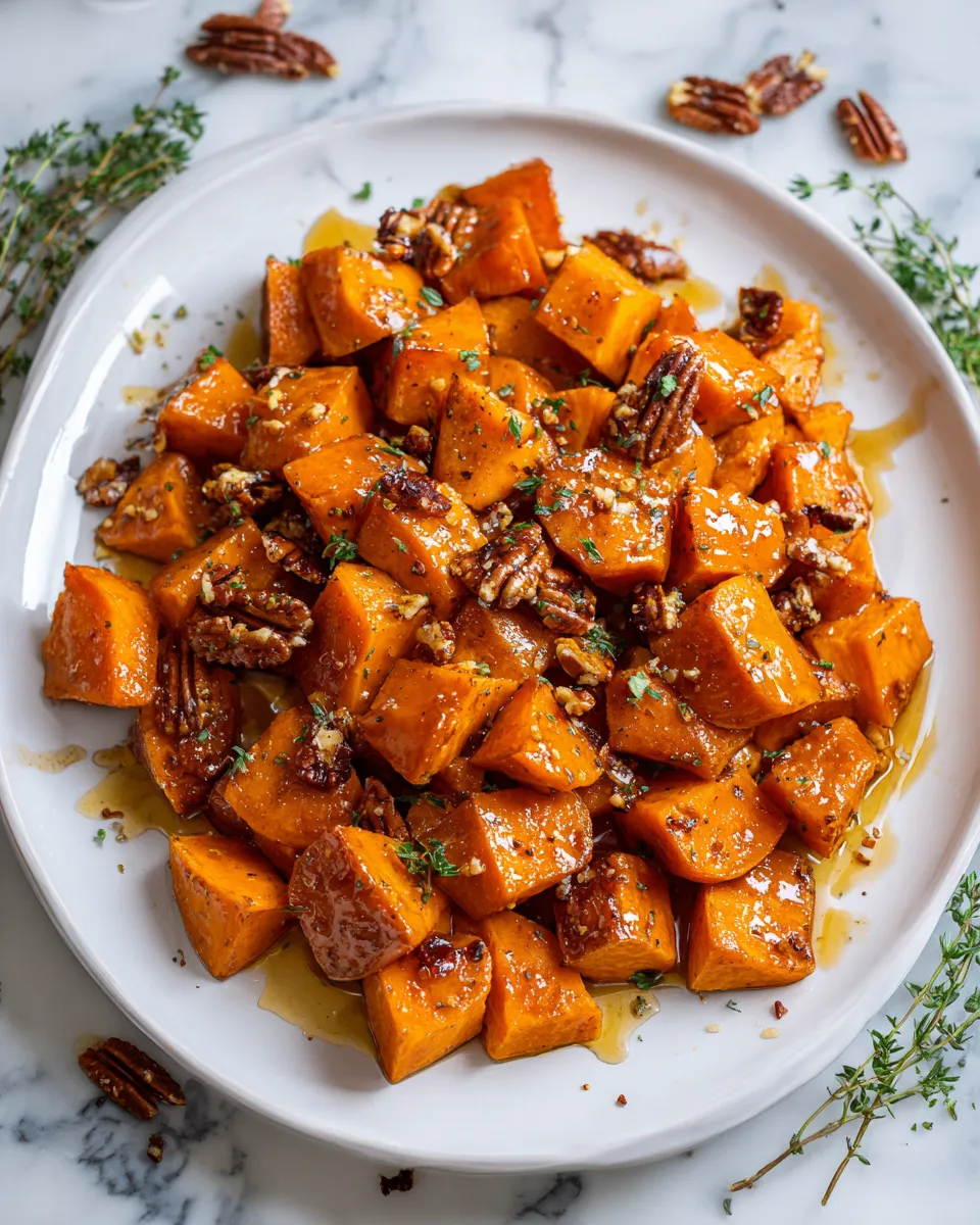 Roasted honey cinnamon butter sweet potatoes in a bowl, served as a holiday side dish, showcasing seasonal colors and flavors.
