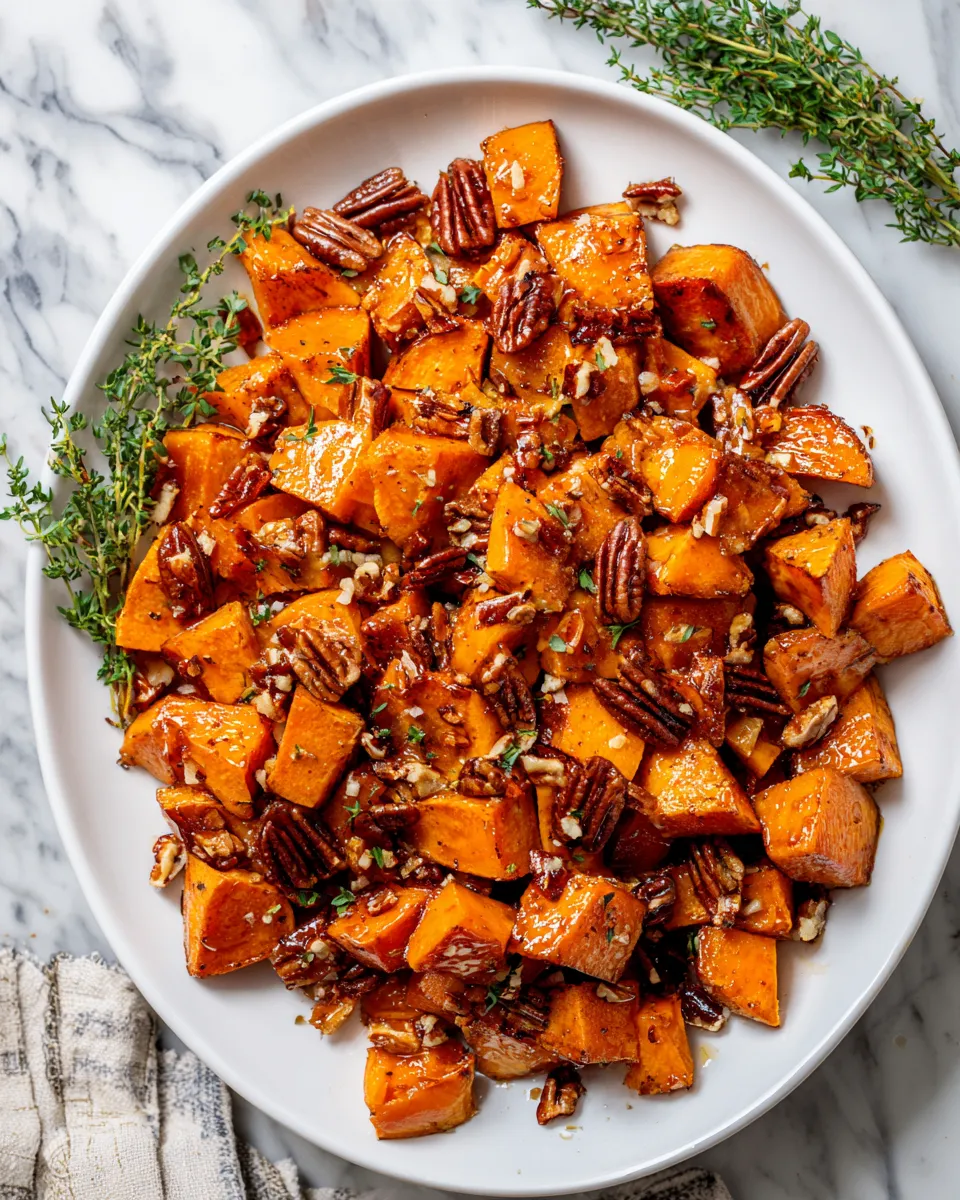 Roasted honey cinnamon butter sweet potatoes in a bowl, served as a holiday side dish, showcasing seasonal colors and flavors.