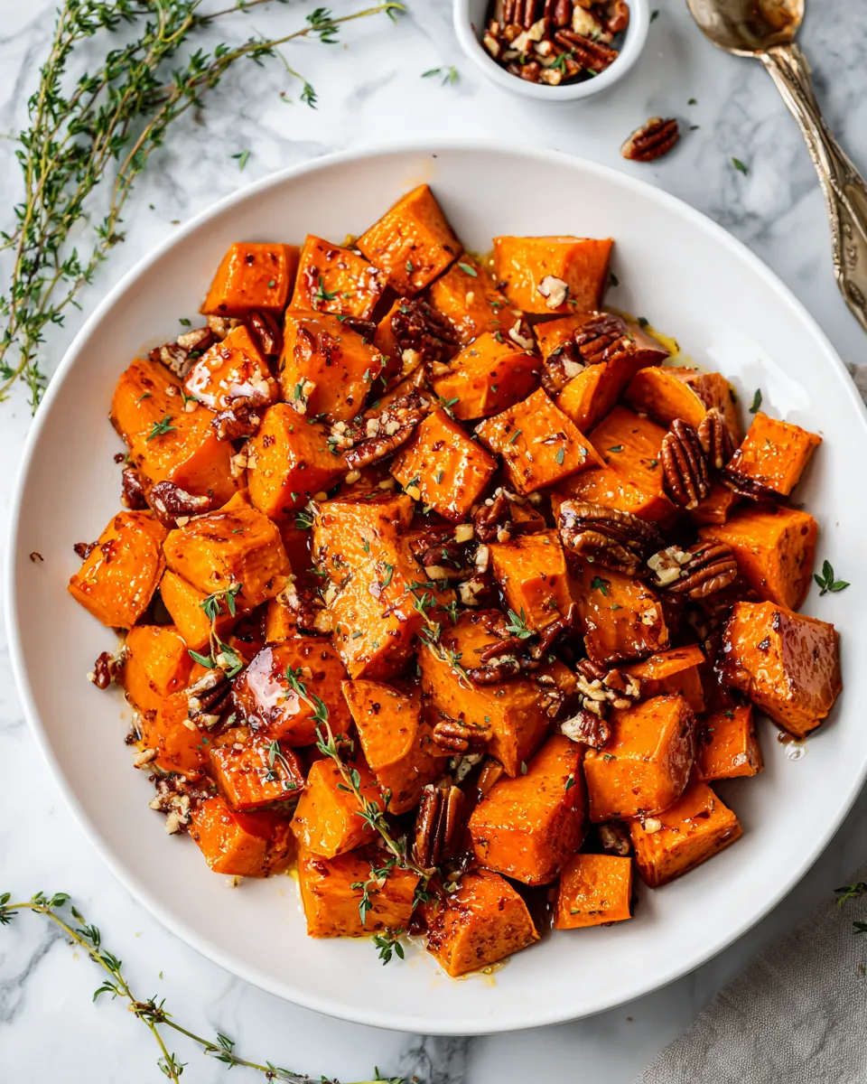 Roasted honey cinnamon butter sweet potatoes in a bowl, served as a holiday side dish, showcasing seasonal colors and flavors.