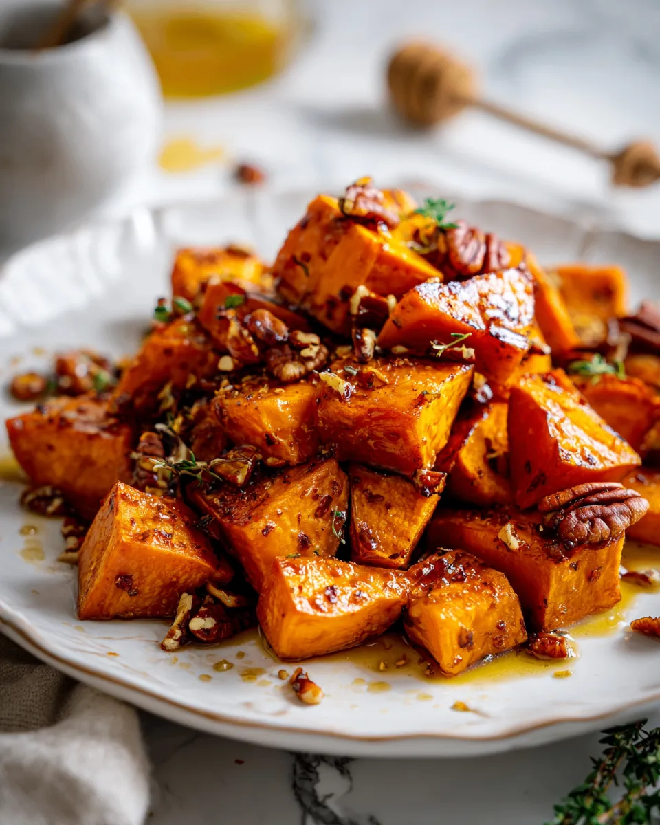Roasted honey cinnamon butter sweet potatoes in a bowl, served as a holiday side dish, showcasing seasonal colors and flavors.