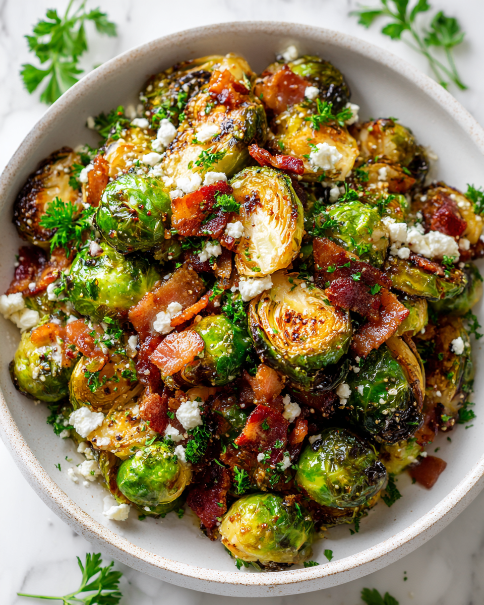 Crispy roasted Brussels sprouts with bacon and maple syrup, a perfect festive side dish for holiday gatherings, showcasing vibrant autumn flavors.