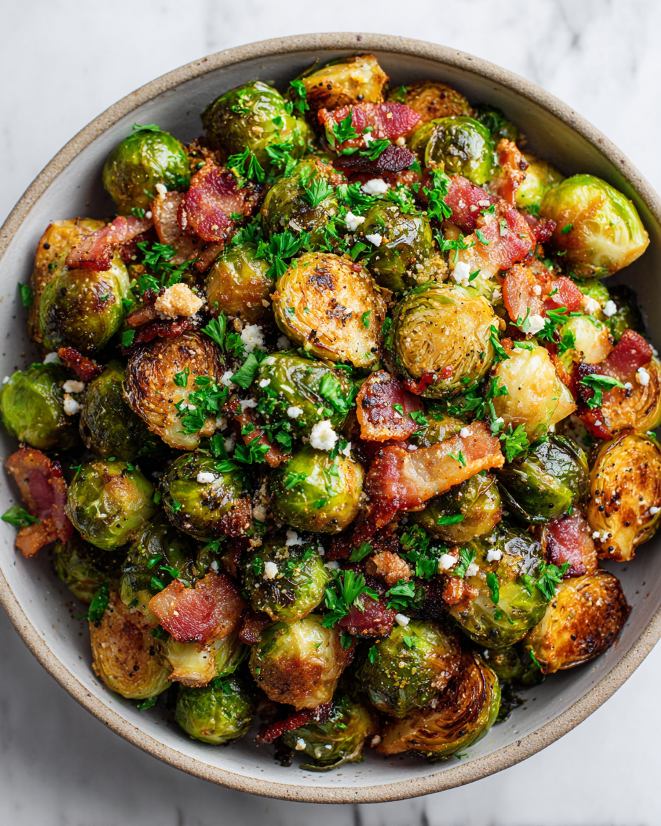 Crispy roasted Brussels sprouts with bacon and maple syrup, a perfect festive side dish for holiday gatherings, showcasing vibrant autumn flavors.