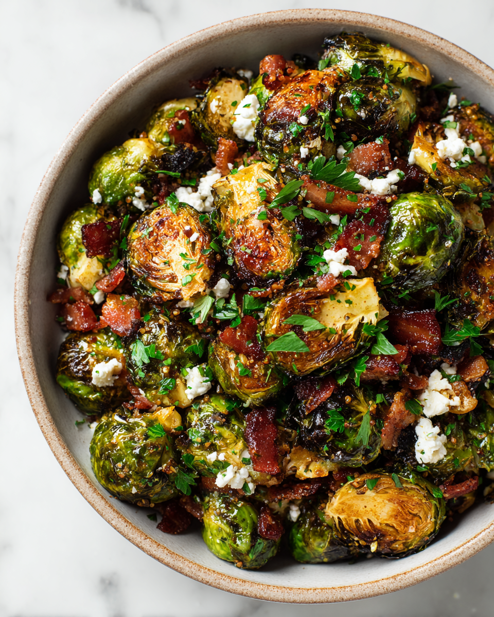 Crispy roasted Brussels sprouts with bacon and maple syrup, a perfect festive side dish for holiday gatherings, showcasing vibrant autumn flavors.