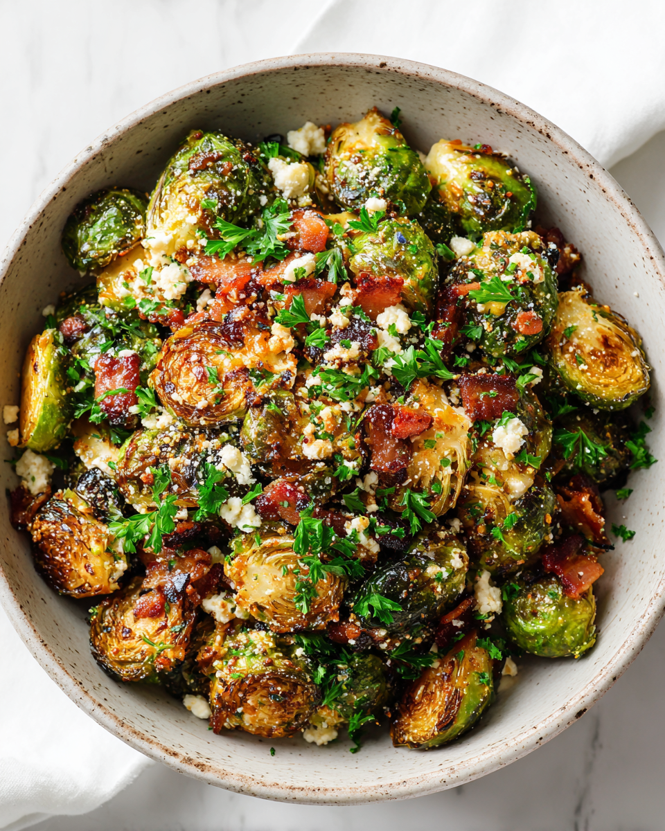 Crispy roasted Brussels sprouts with bacon and maple syrup, a perfect festive side dish for holiday gatherings, showcasing vibrant autumn flavors.