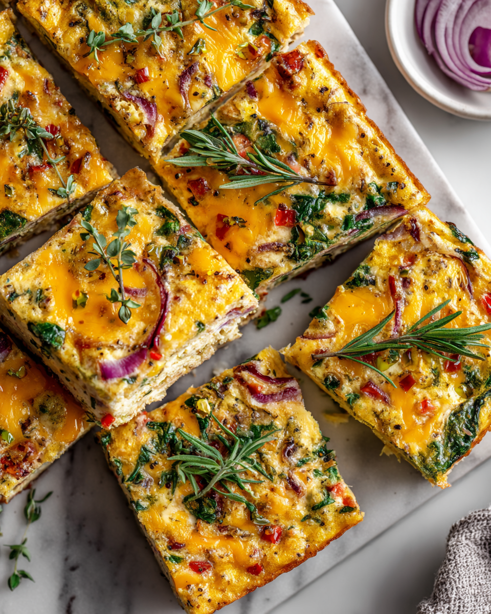 Sheet pan frittata recipe packed with vegetables and cheese, perfect for holiday gatherings