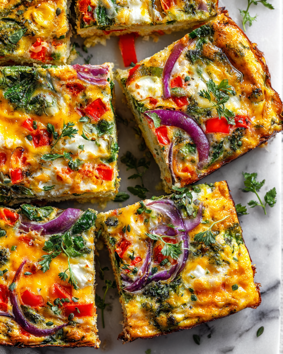 Sheet pan frittata recipe packed with vegetables and cheese, perfect for holiday gatherings
