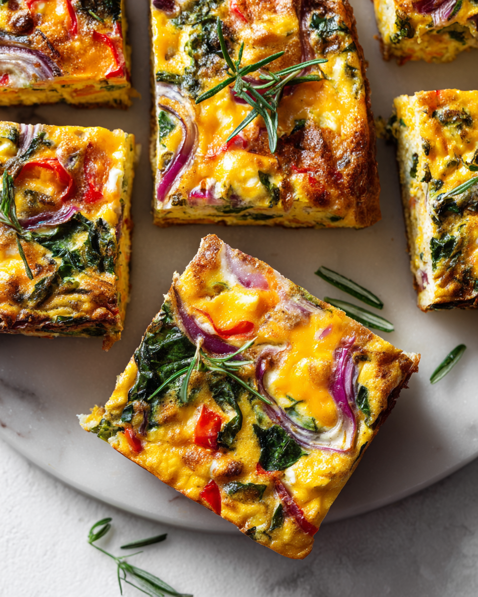 Sheet pan frittata recipe packed with vegetables and cheese, perfect for holiday gatherings