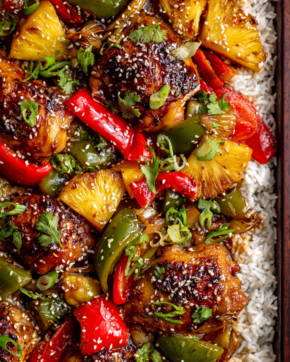 Delicious sheet pan teriyaki chicken with pineapple, colorful vegetables, and jasmine rice, perfect for holiday meals.