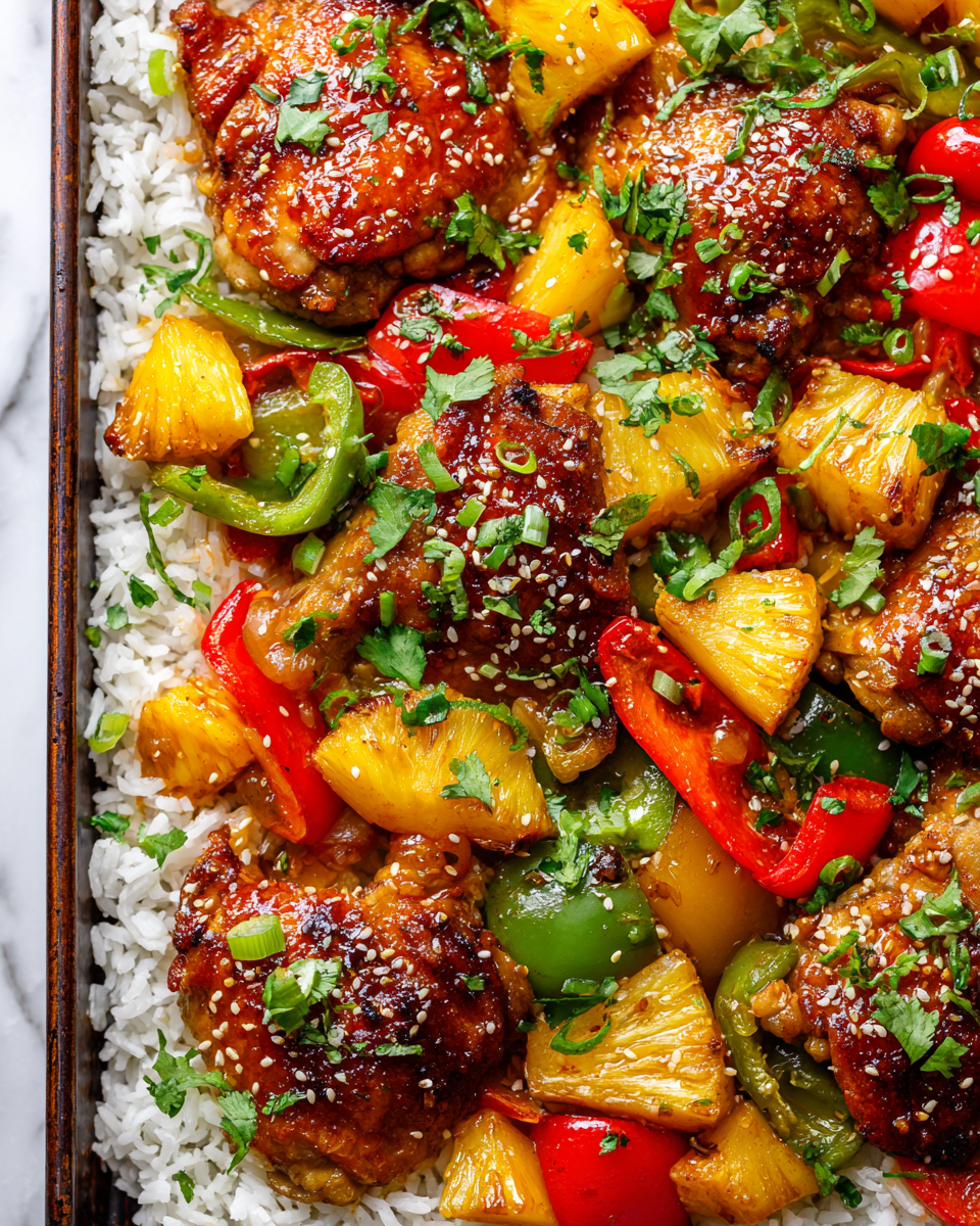Delicious sheet pan teriyaki chicken with pineapple, colorful vegetables, and jasmine rice, perfect for holiday meals.
