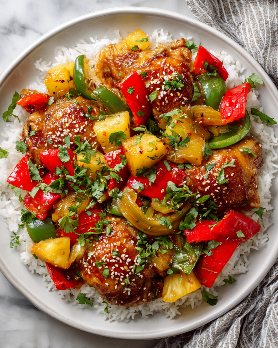 Delicious sheet pan teriyaki chicken with pineapple, colorful vegetables, and jasmine rice, perfect for holiday meals.