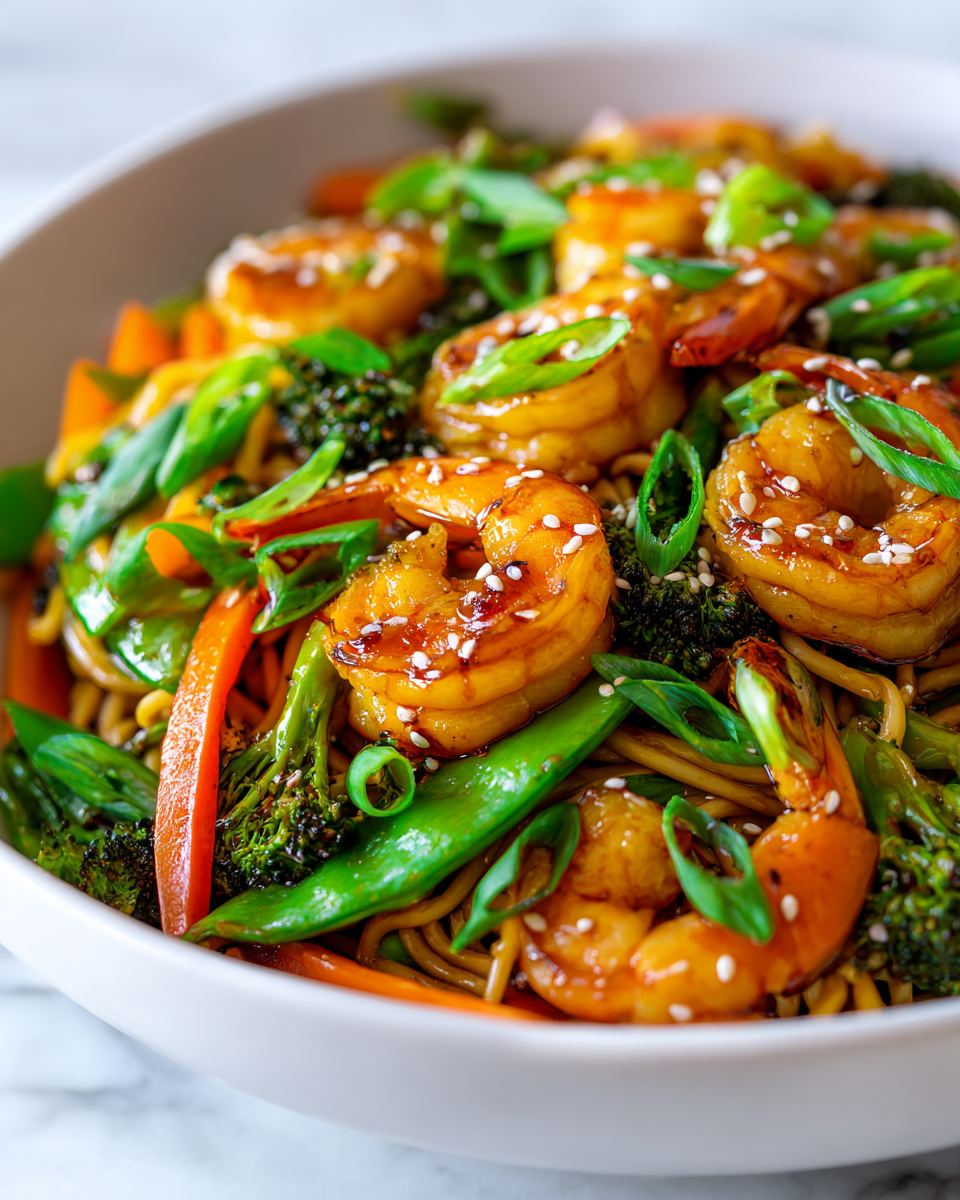 Colorful shrimp stir fry with noodles, fresh vegetables, quick meal for festivities, flavorful and nutritious option.