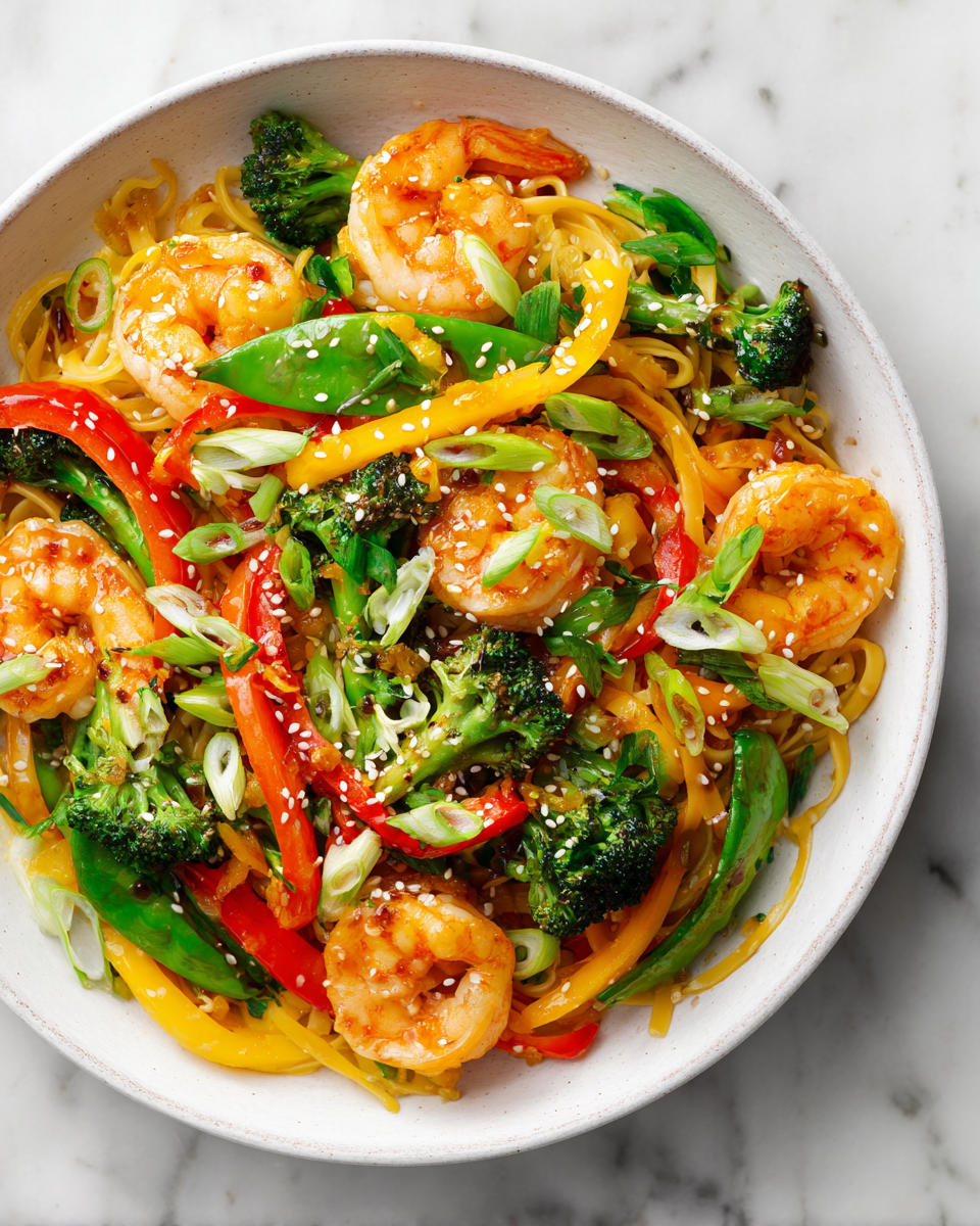 Colorful shrimp stir fry with noodles, fresh vegetables, quick meal for festivities, flavorful and nutritious option.