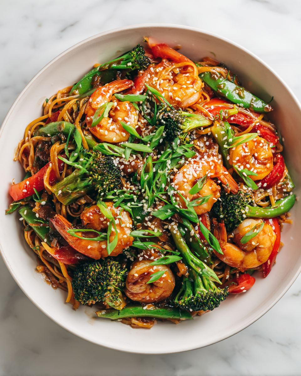 Colorful shrimp stir fry with noodles, fresh vegetables, quick meal for festivities, flavorful and nutritious option.