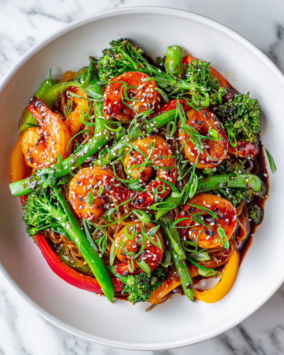 Colorful shrimp stir fry with noodles, fresh vegetables, quick meal for festivities, flavorful and nutritious option.