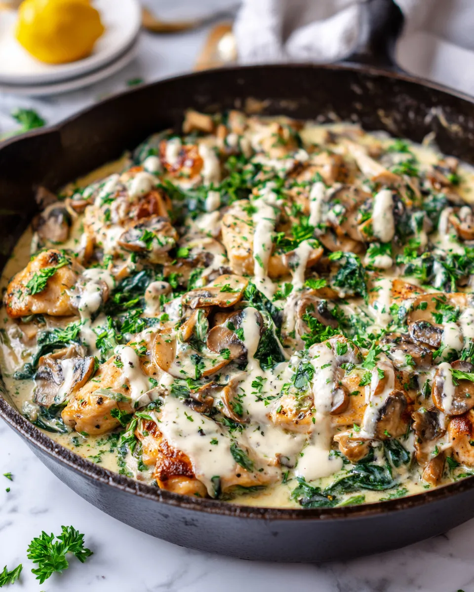 Delicious skillet creamy chicken mushroom florentine featuring seared chicken, sautéed mushrooms, spinach in a rich sauce.