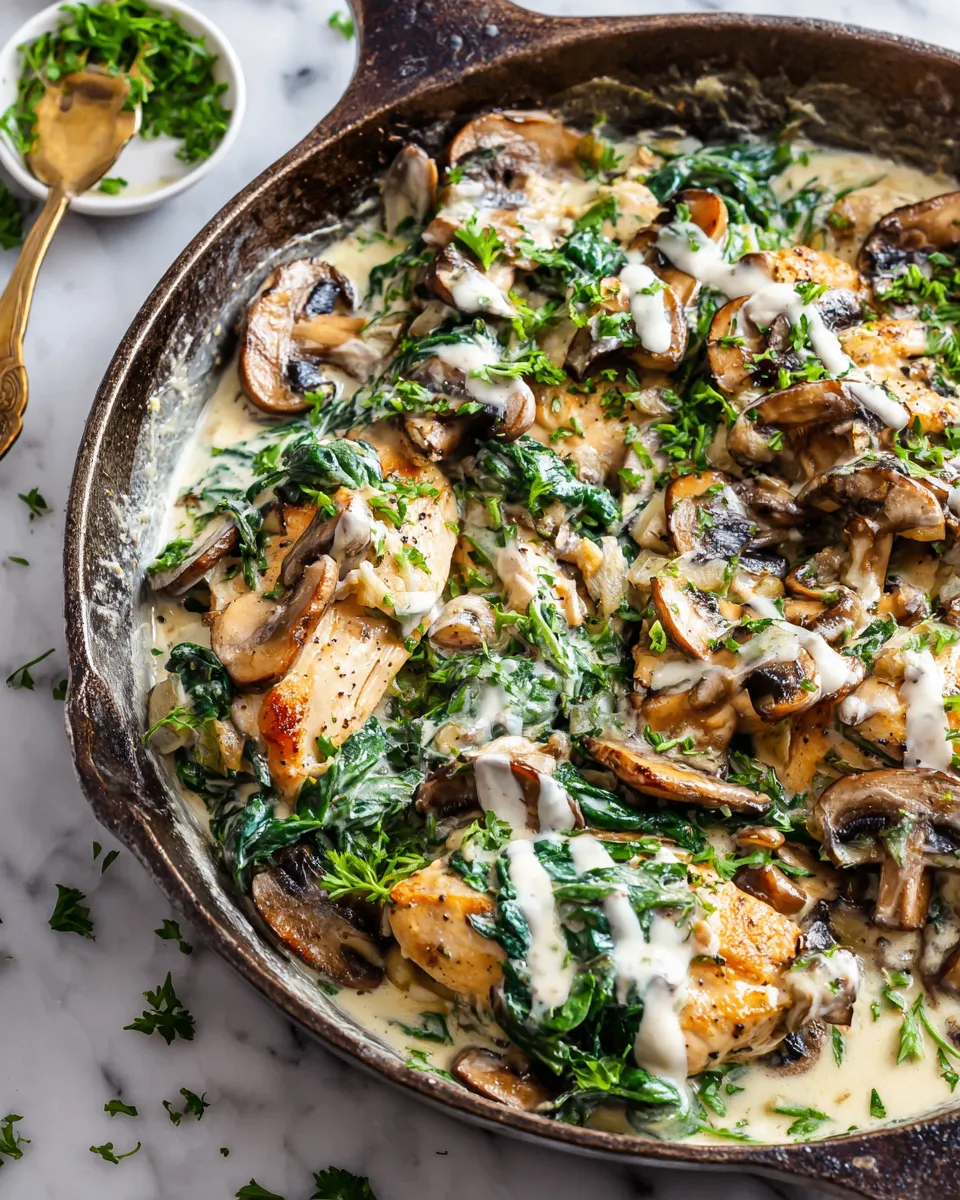 Delicious skillet creamy chicken mushroom florentine featuring seared chicken, sautéed mushrooms, spinach in a rich sauce.