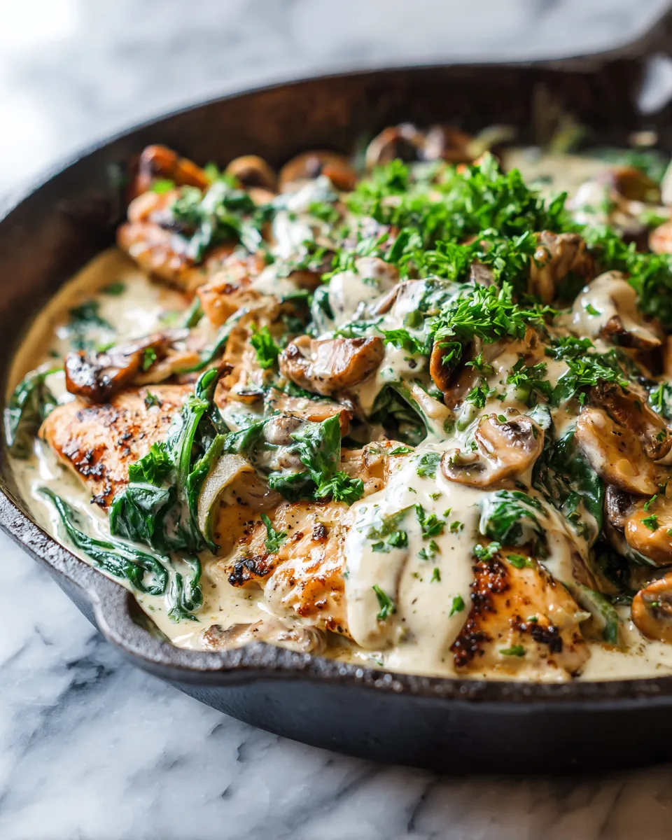 Delicious skillet creamy chicken mushroom florentine featuring seared chicken, sautéed mushrooms, spinach in a rich sauce.