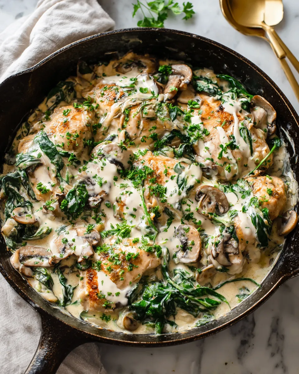 Delicious skillet creamy chicken mushroom florentine featuring seared chicken, sautéed mushrooms, spinach in a rich sauce.