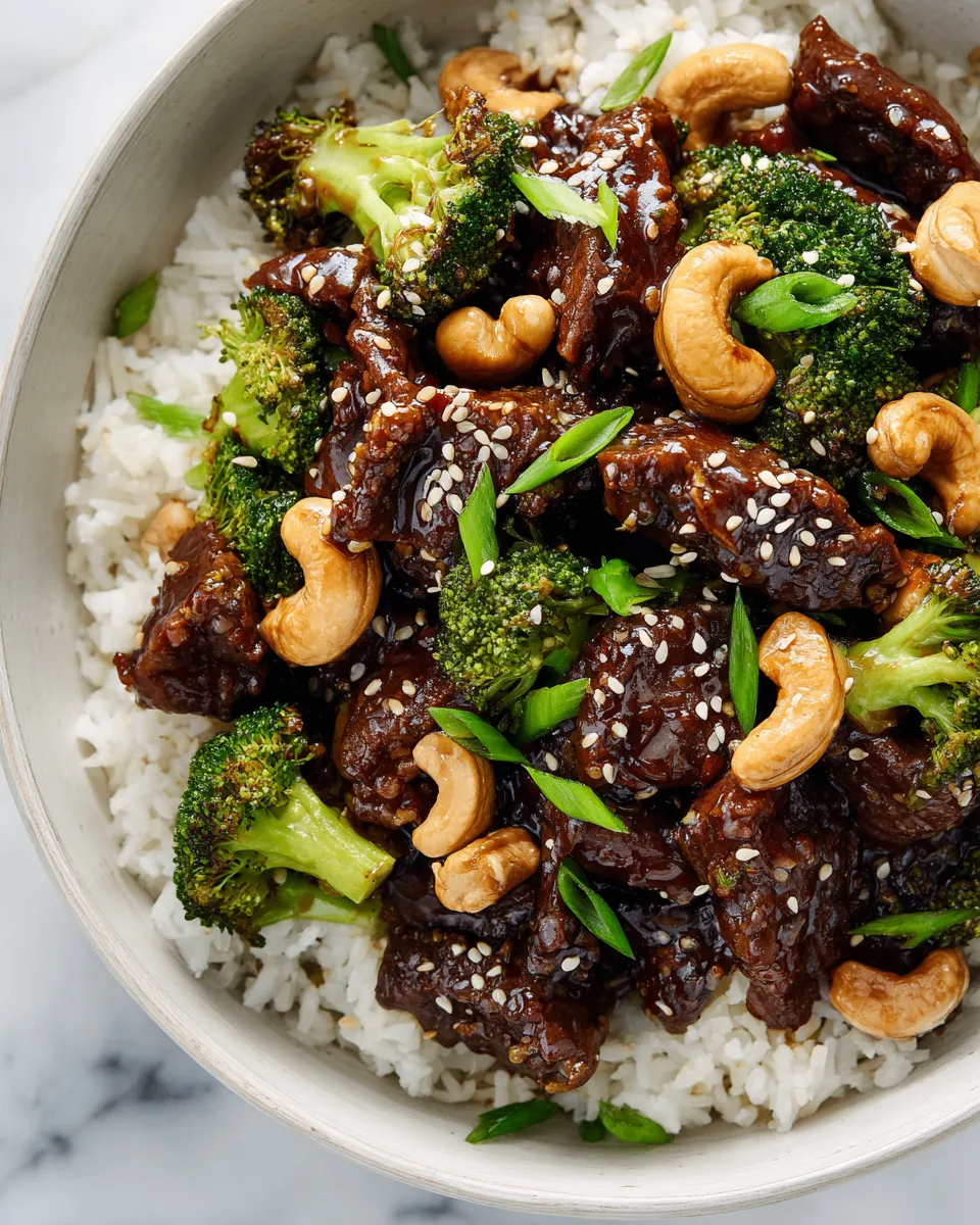 Slow Cooker Cashew Beef and Broccoli Stir-Fry with vibrant vegetables and crunchy cashews