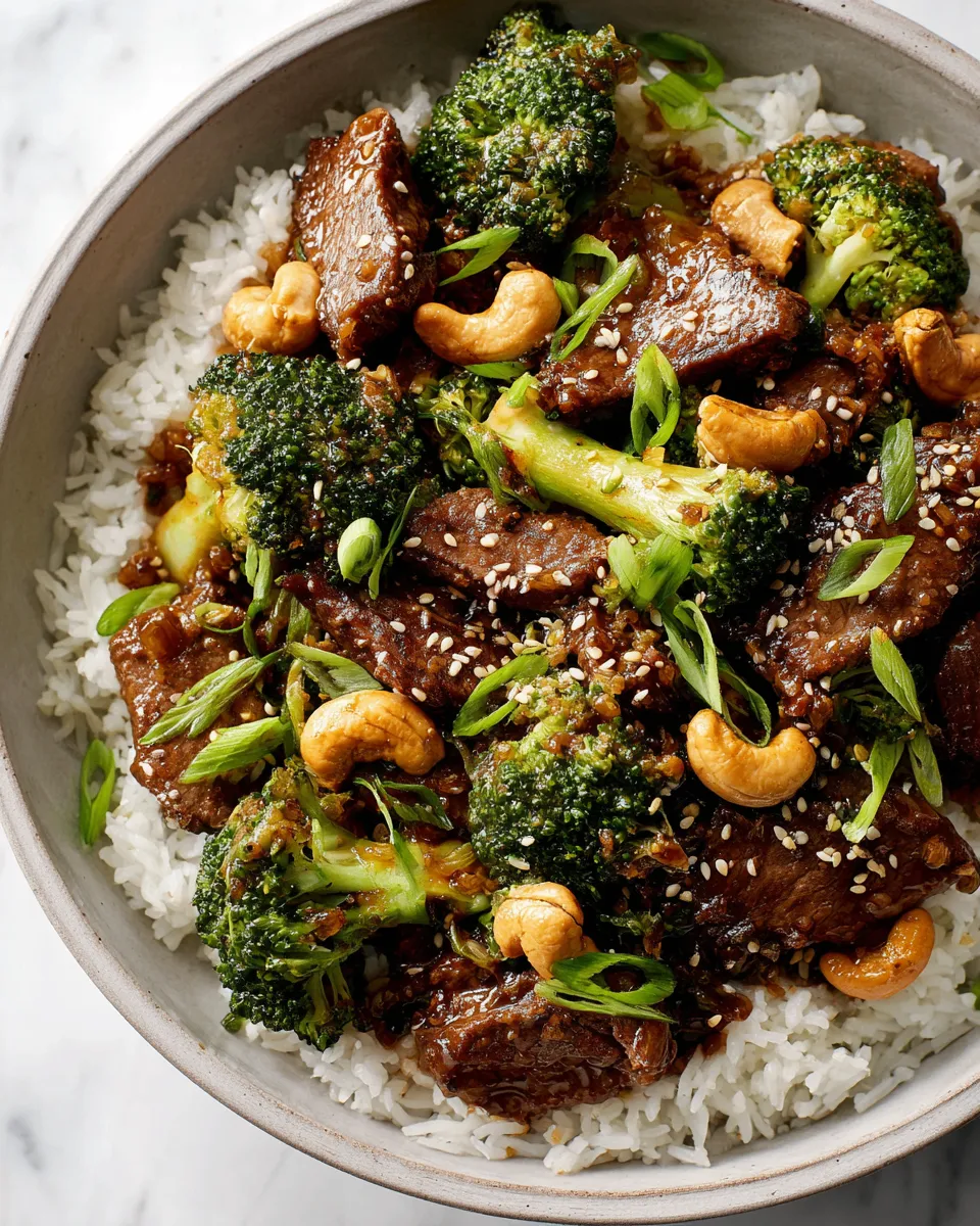 Slow Cooker Cashew Beef and Broccoli Stir-Fry with vibrant vegetables and crunchy cashews