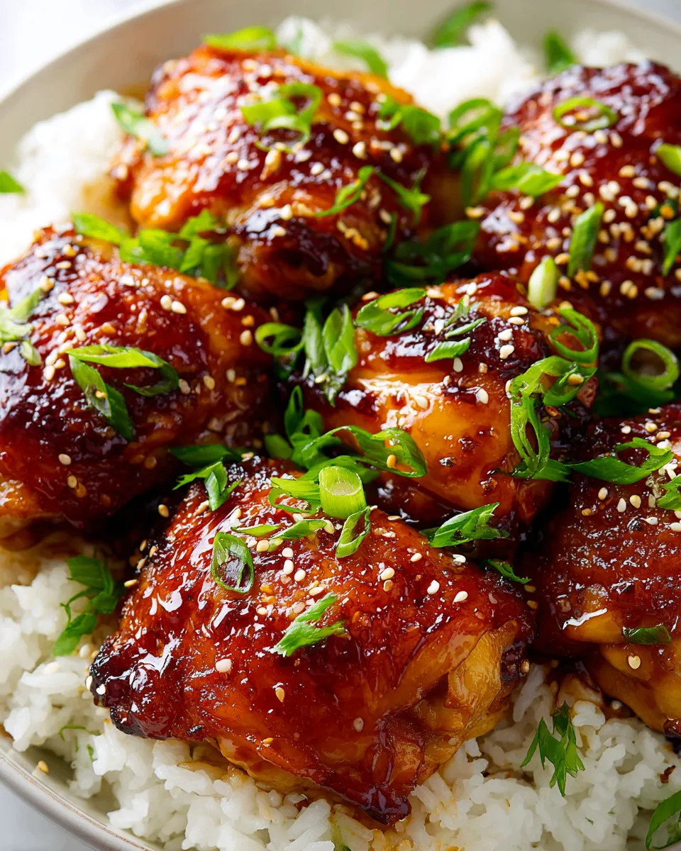 Slow Cooker Teriyaki Chicken with tender chicken thighs in a savory sauce, easy recipe, perfect for weeknights, warming, cozy meal for gatherings.
