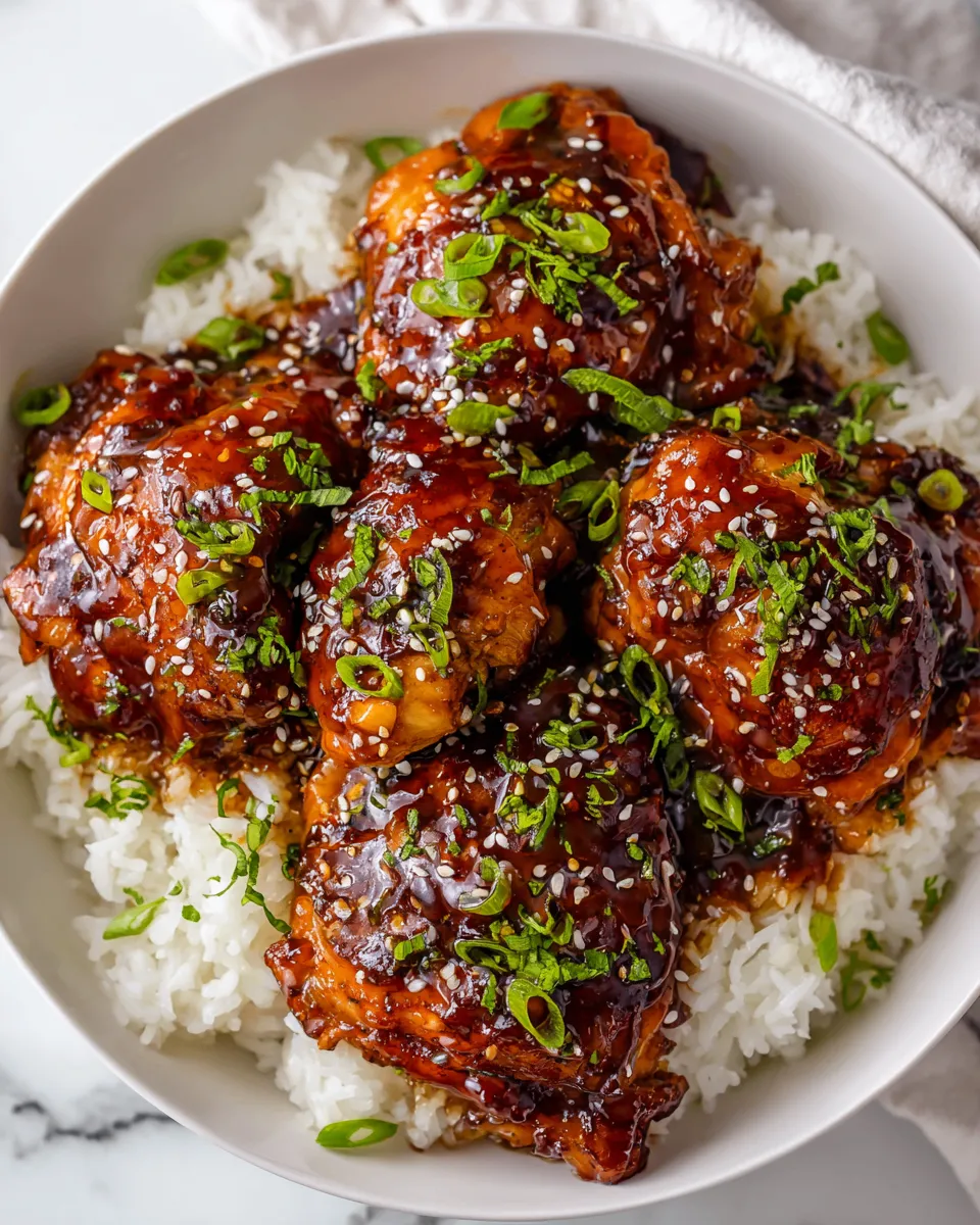Slow Cooker Teriyaki Chicken with tender chicken thighs in a savory sauce, easy recipe, perfect for weeknights, warming, cozy meal for gatherings.