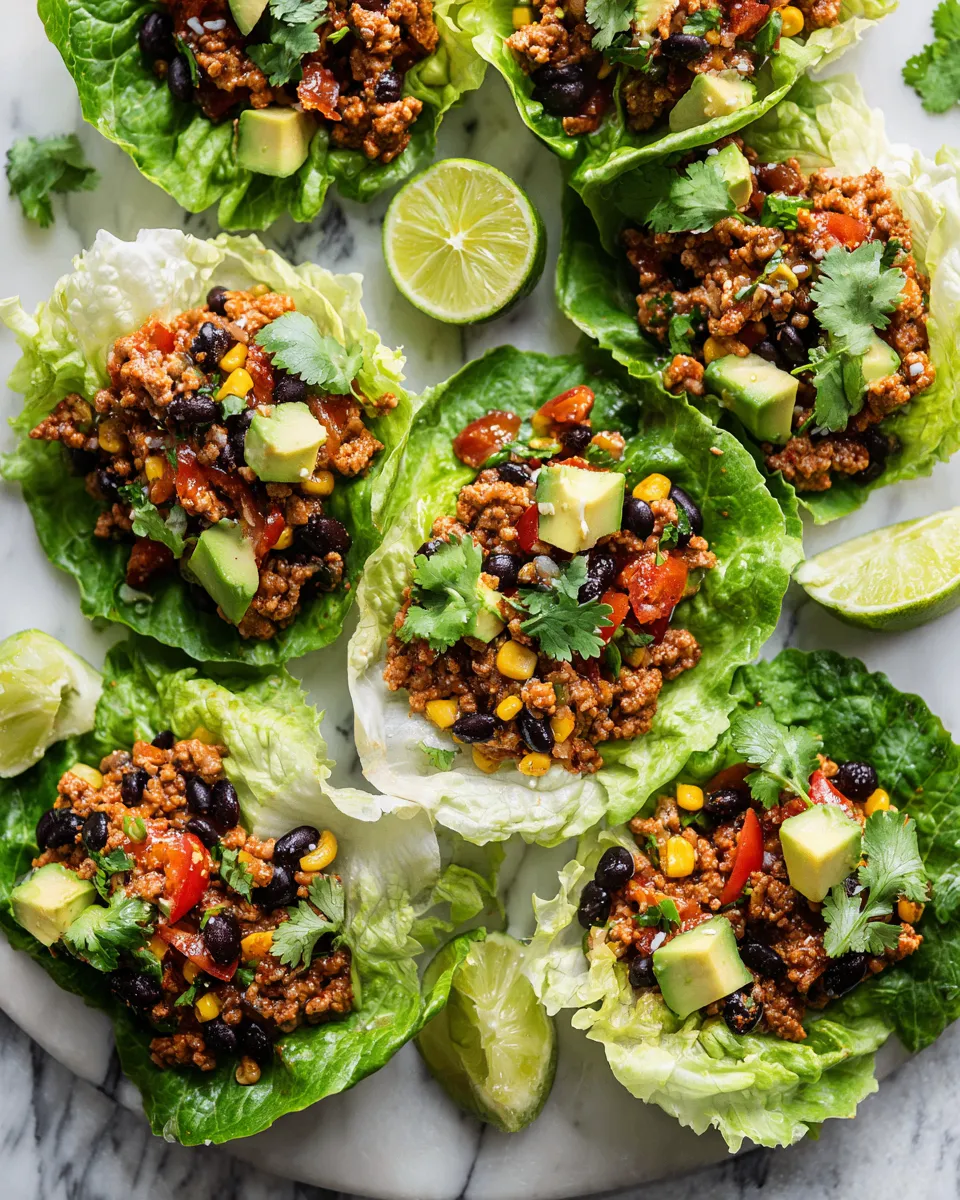 Delicious Slow Cooker Tex-Mex Lettuce Wraps filled with seasoned turkey, black beans, and fresh toppings, perfect for gatherings.