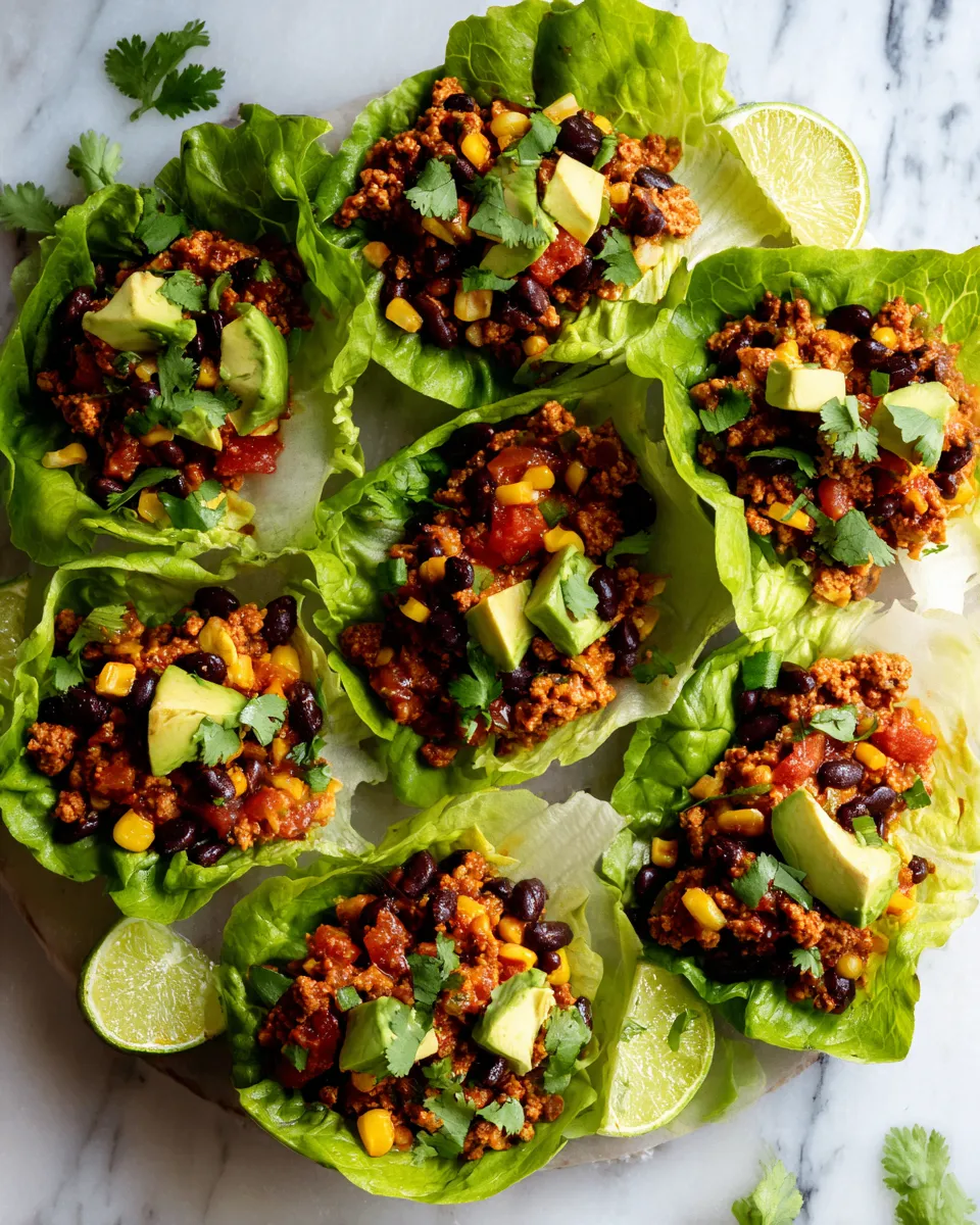 Delicious Slow Cooker Tex-Mex Lettuce Wraps filled with seasoned turkey, black beans, and fresh toppings, perfect for gatherings.
