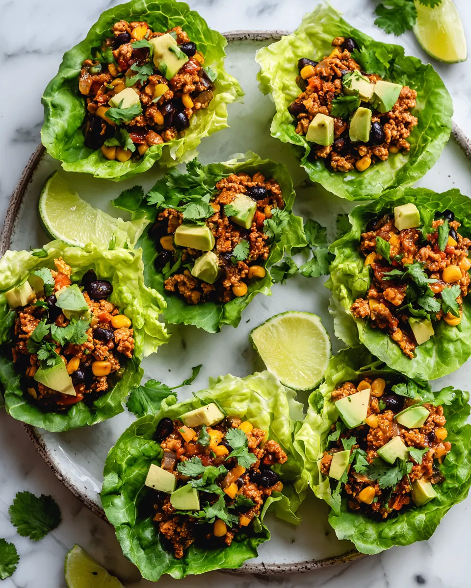 Delicious Slow Cooker Tex-Mex Lettuce Wraps filled with seasoned turkey, black beans, and fresh toppings, perfect for gatherings.