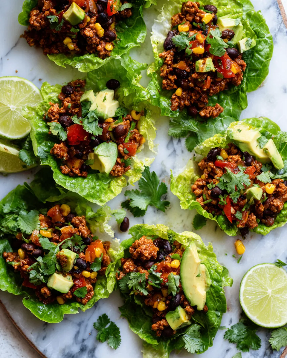 Delicious Slow Cooker Tex-Mex Lettuce Wraps filled with seasoned turkey, black beans, and fresh toppings, perfect for gatherings.