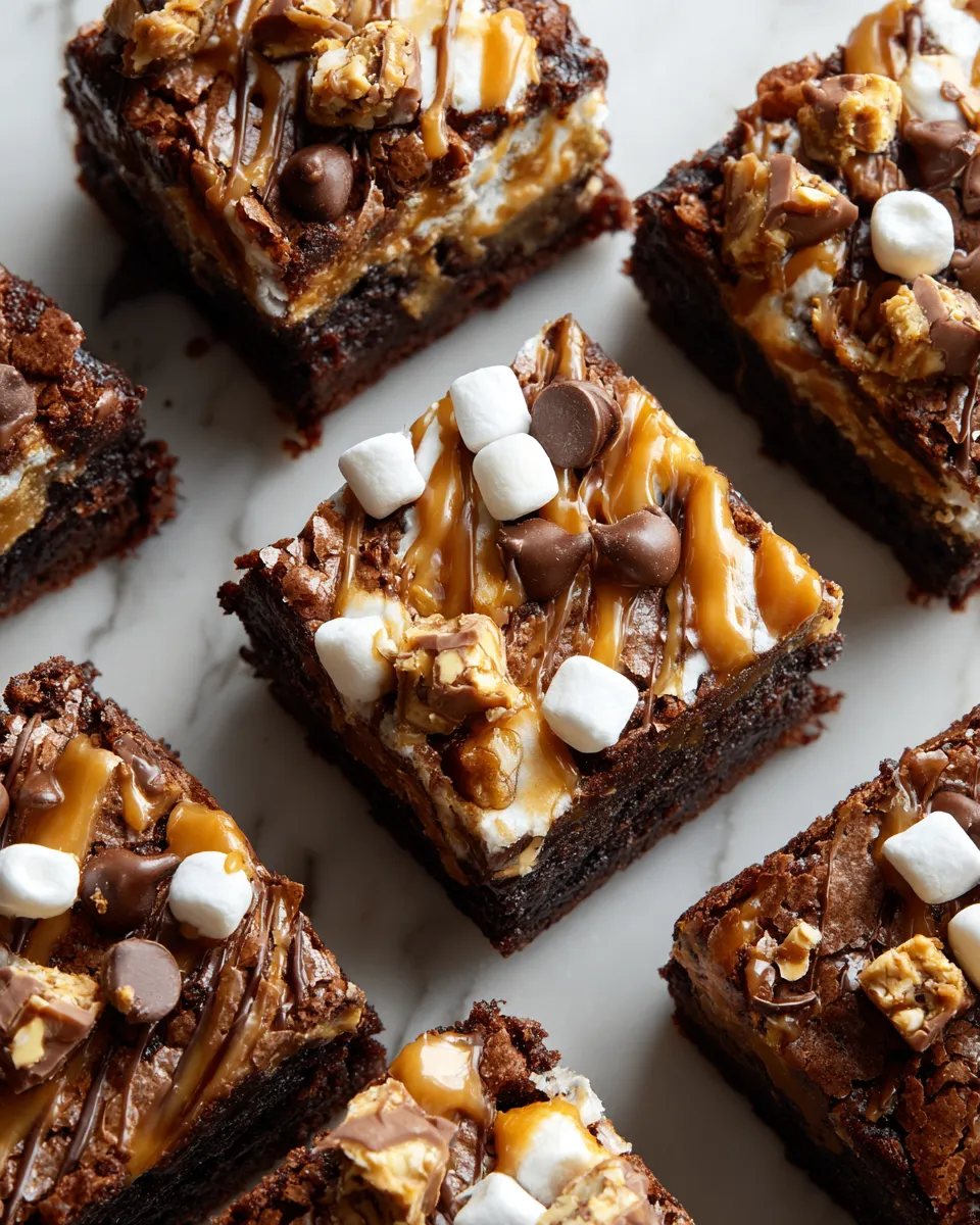 Delicious Snickers brownies with fudgy chocolate and peanut butter topping, ideal dessert for holidays and gatherings.