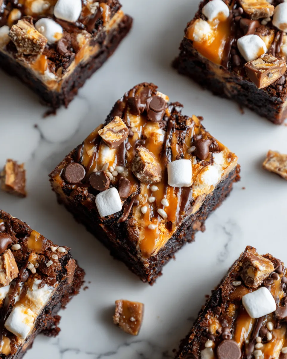 Delicious Snickers brownies with fudgy chocolate and peanut butter topping, ideal dessert for holidays and gatherings.