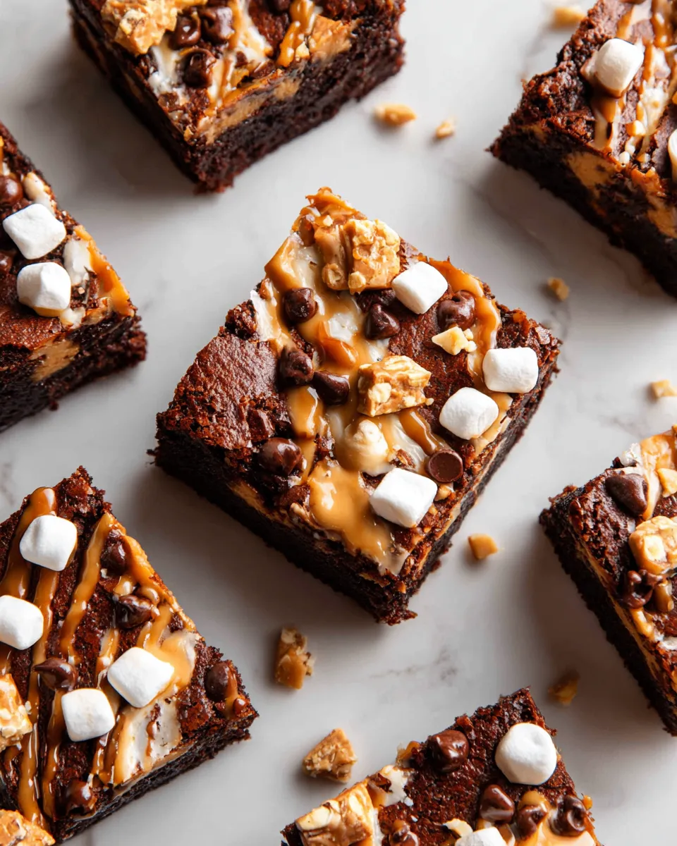 Delicious Snickers brownies with fudgy chocolate and peanut butter topping, ideal dessert for holidays and gatherings.