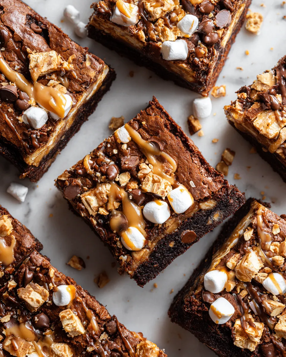 Delicious Snickers brownies with fudgy chocolate and peanut butter topping, ideal dessert for holidays and gatherings.