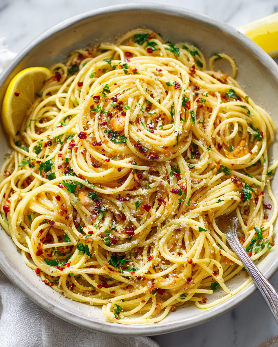 Delicious Spaghetti with Garlic and Oil, a quick and flavorful dish, perfect for cozy gatherings and holidays.