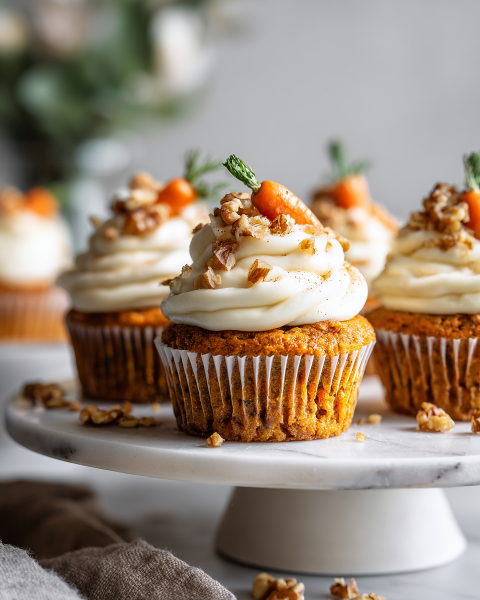 Delicious spiced carrot cake cupcakes with cream cheese frosting, perfect for holiday treats and gatherings. Easy baking recipe for festive occasions.