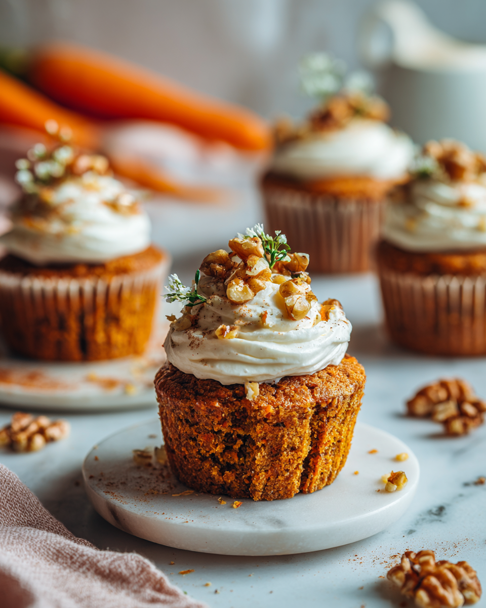 Delicious spiced carrot cake cupcakes with cream cheese frosting, perfect for holiday treats and gatherings. Easy baking recipe for festive occasions.